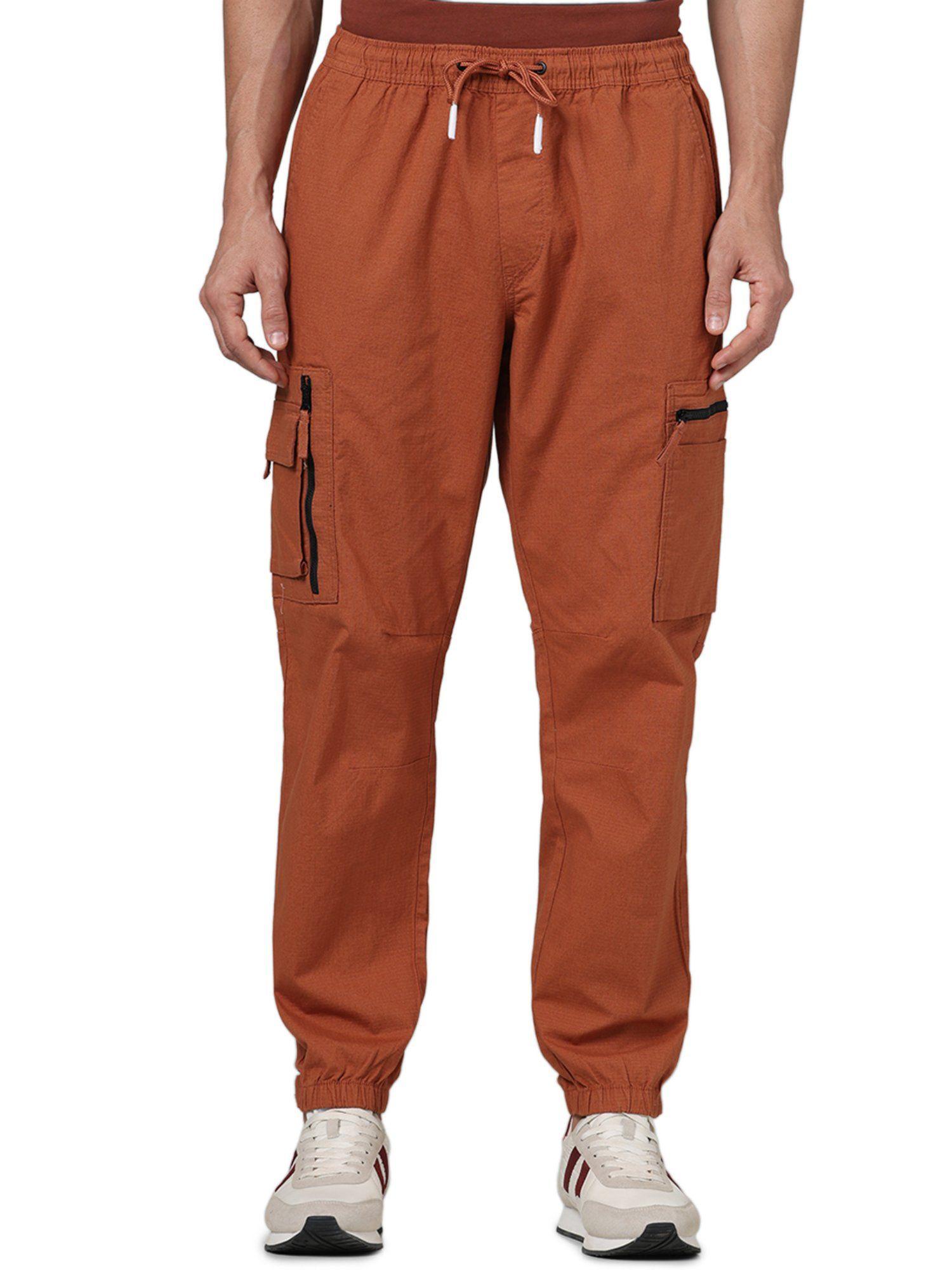 men orange solid regular fit cotton cargo trousers