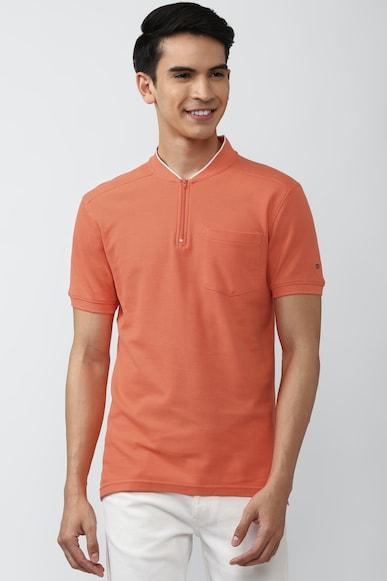 men orange solid stylized neck round neck t-shirts