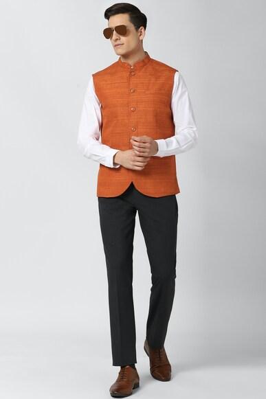 men orange textured nehru jacket
