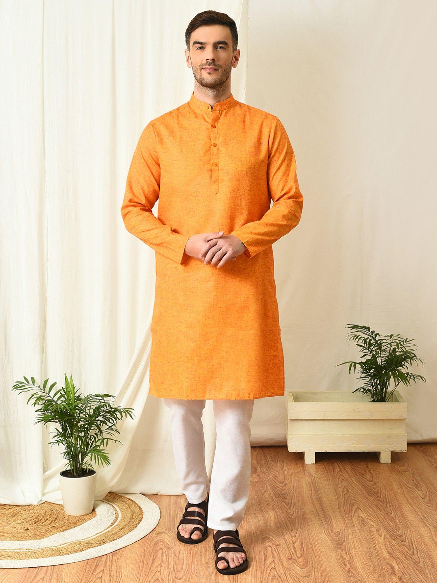 men party wear kurta and pyjama orange (set of 2)