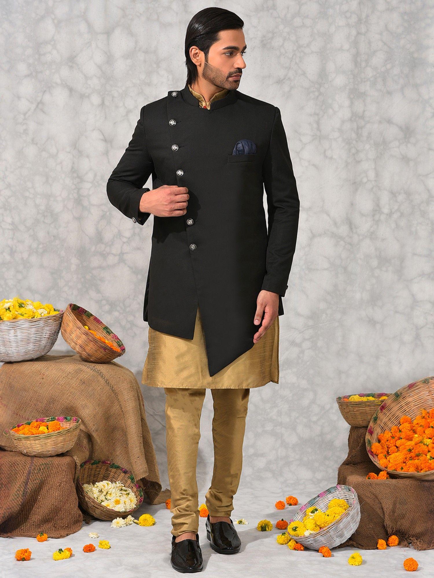 men party wear kurta-pyjama with sherwani black (set of 3)