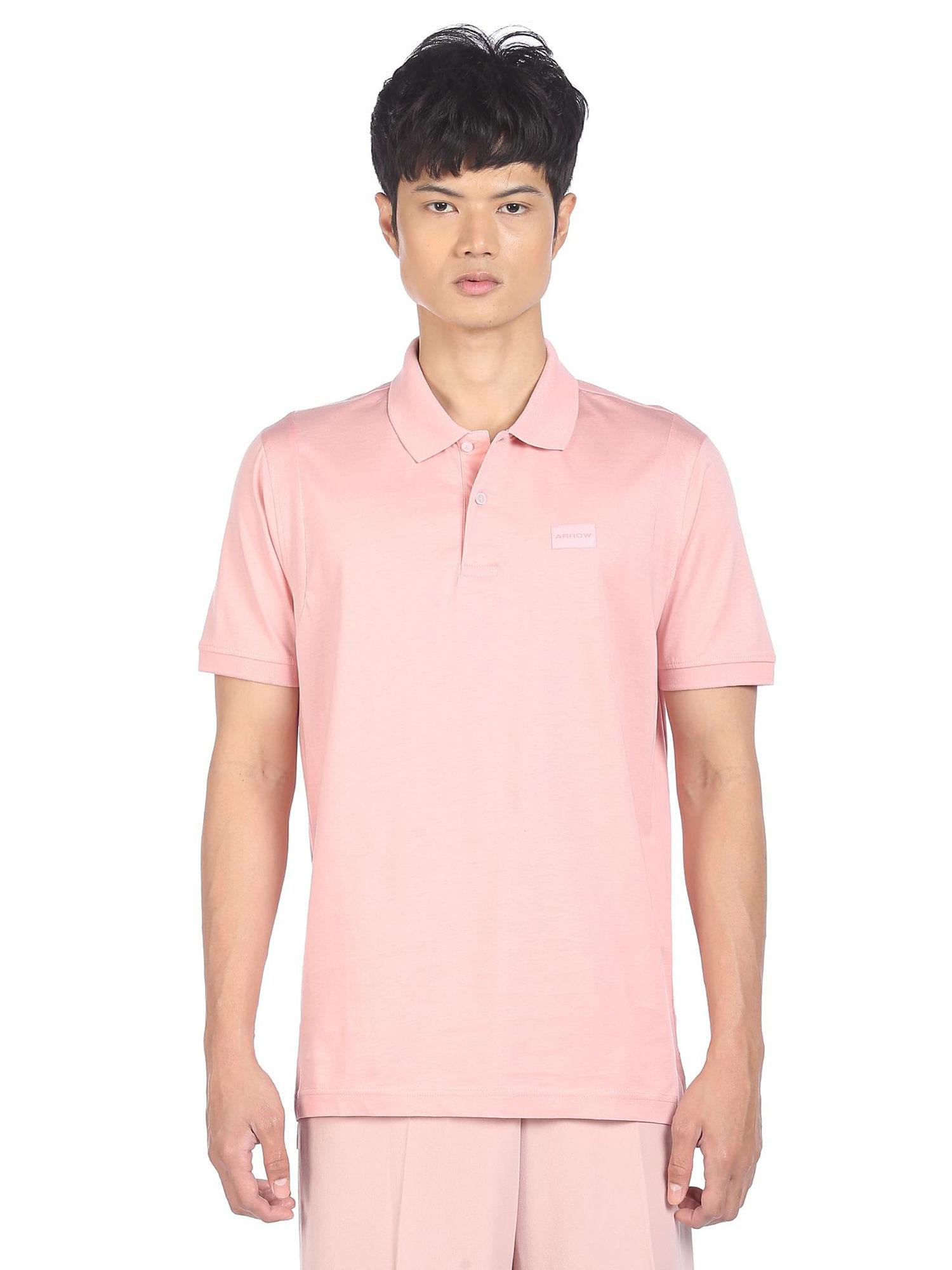 men pink cotton solid polo t-shirt