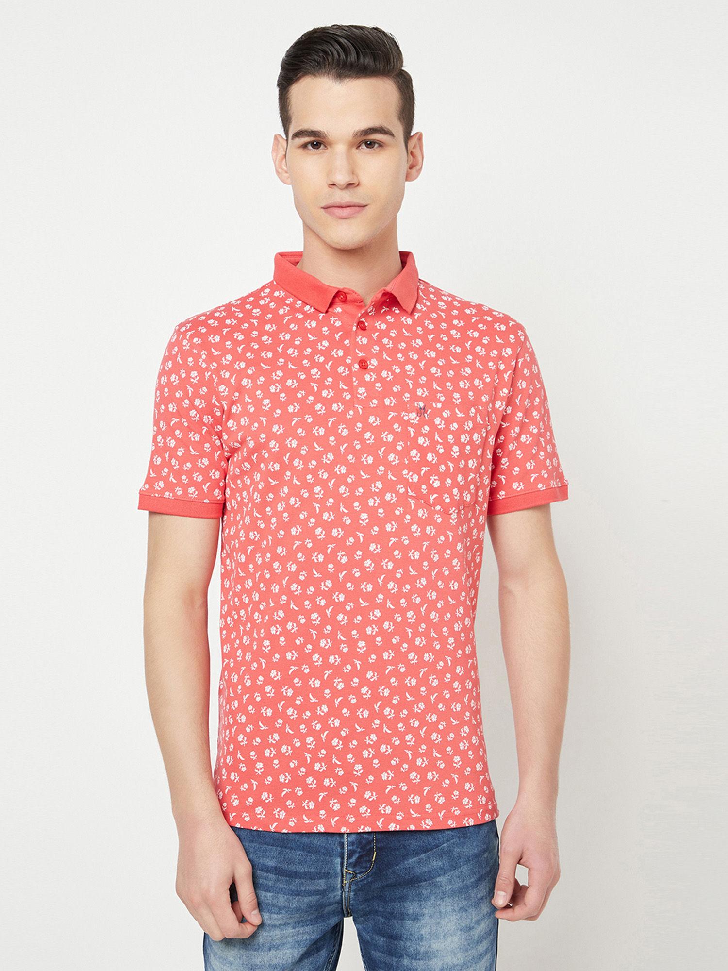 men pink floral printed polo t-shirt