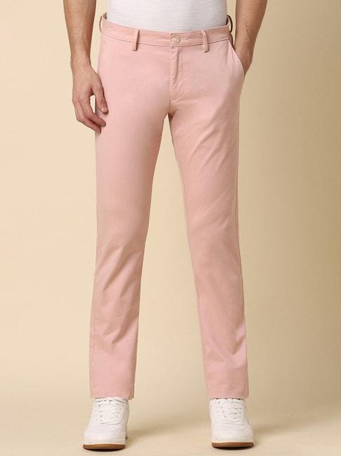men pink slim fit solid casual trousers