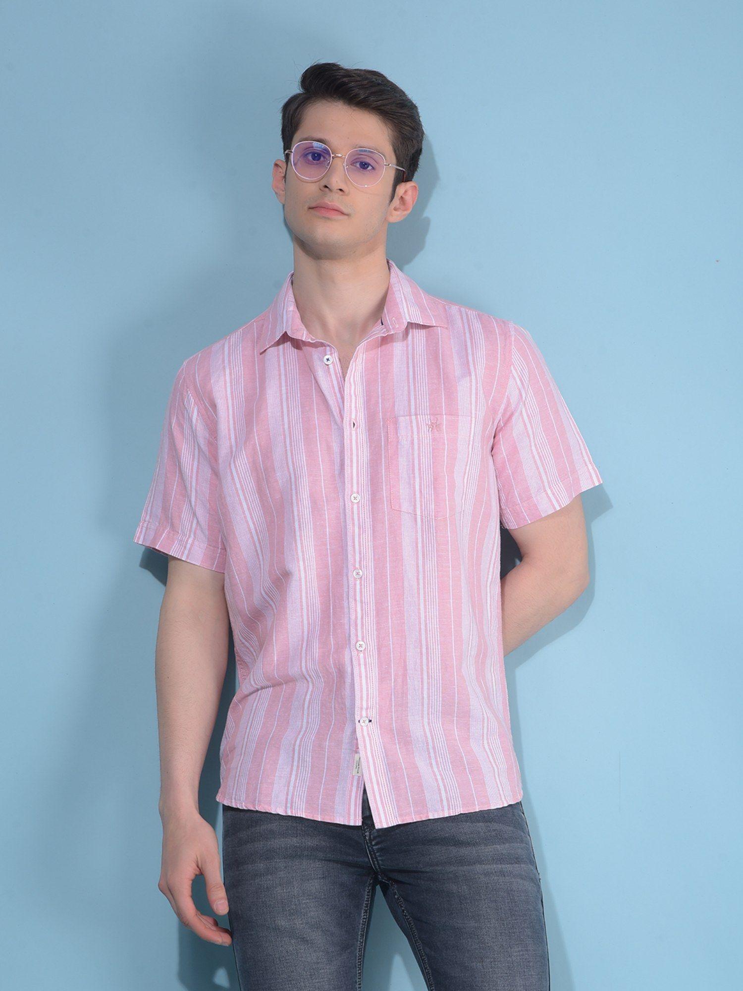 men pink vertical striped linen casual shirt