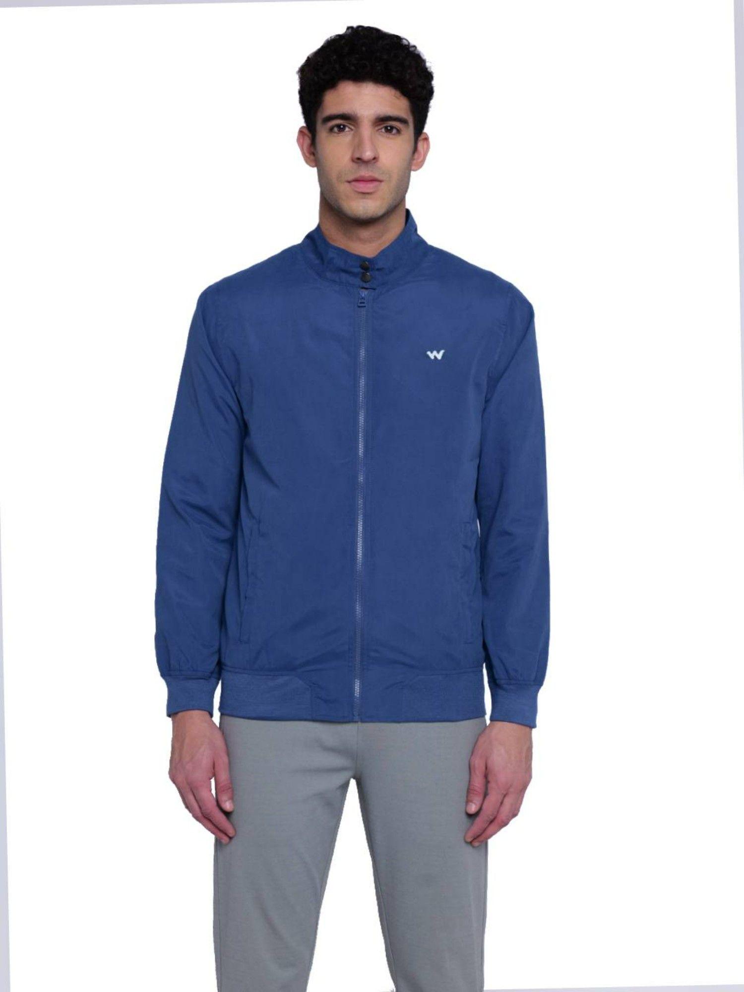 men polyester solid plain jacket-blue