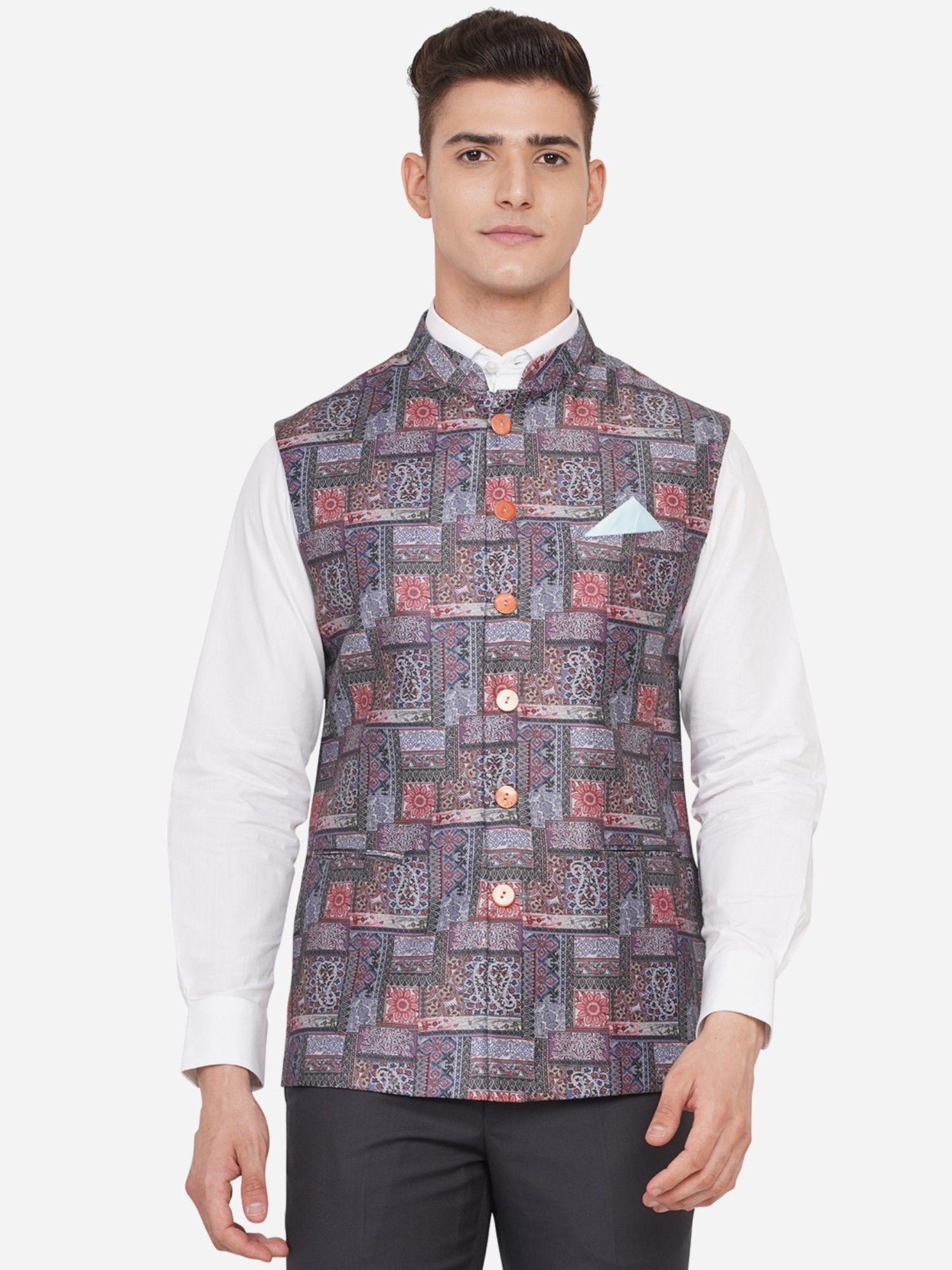 men printed multicolor terry wool regular fit bandhgala jacket