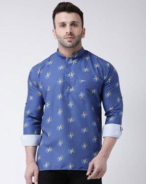 men printed regular fit short kurta with full sleeves