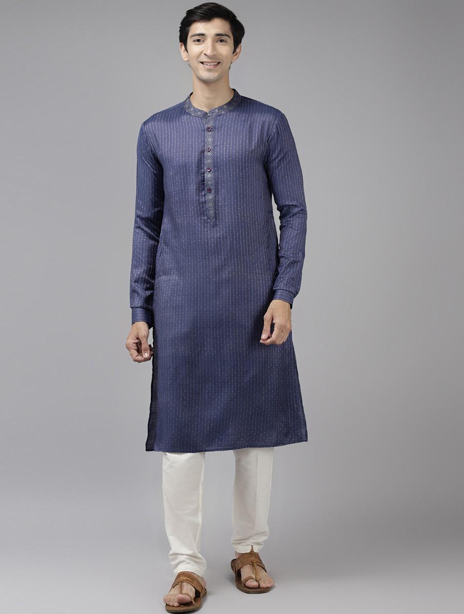 men purple & beige woven design thread work cotton silk kurta