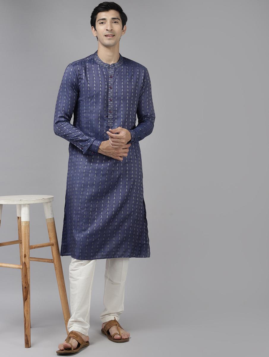 men purple & beige woven design thread work cotton silk kurta
