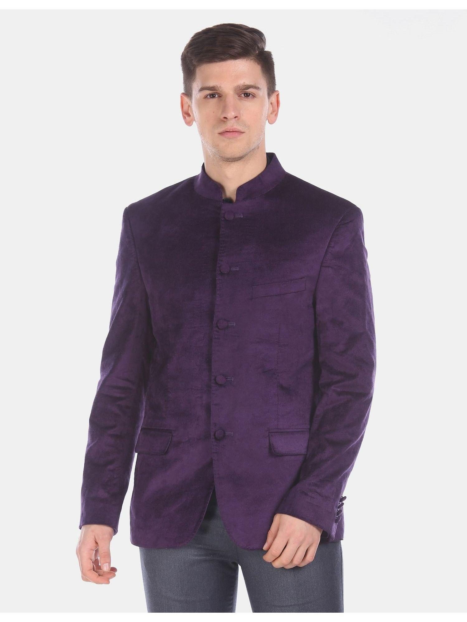 men purple body tailored regular fit velveteen partywear bandhgala