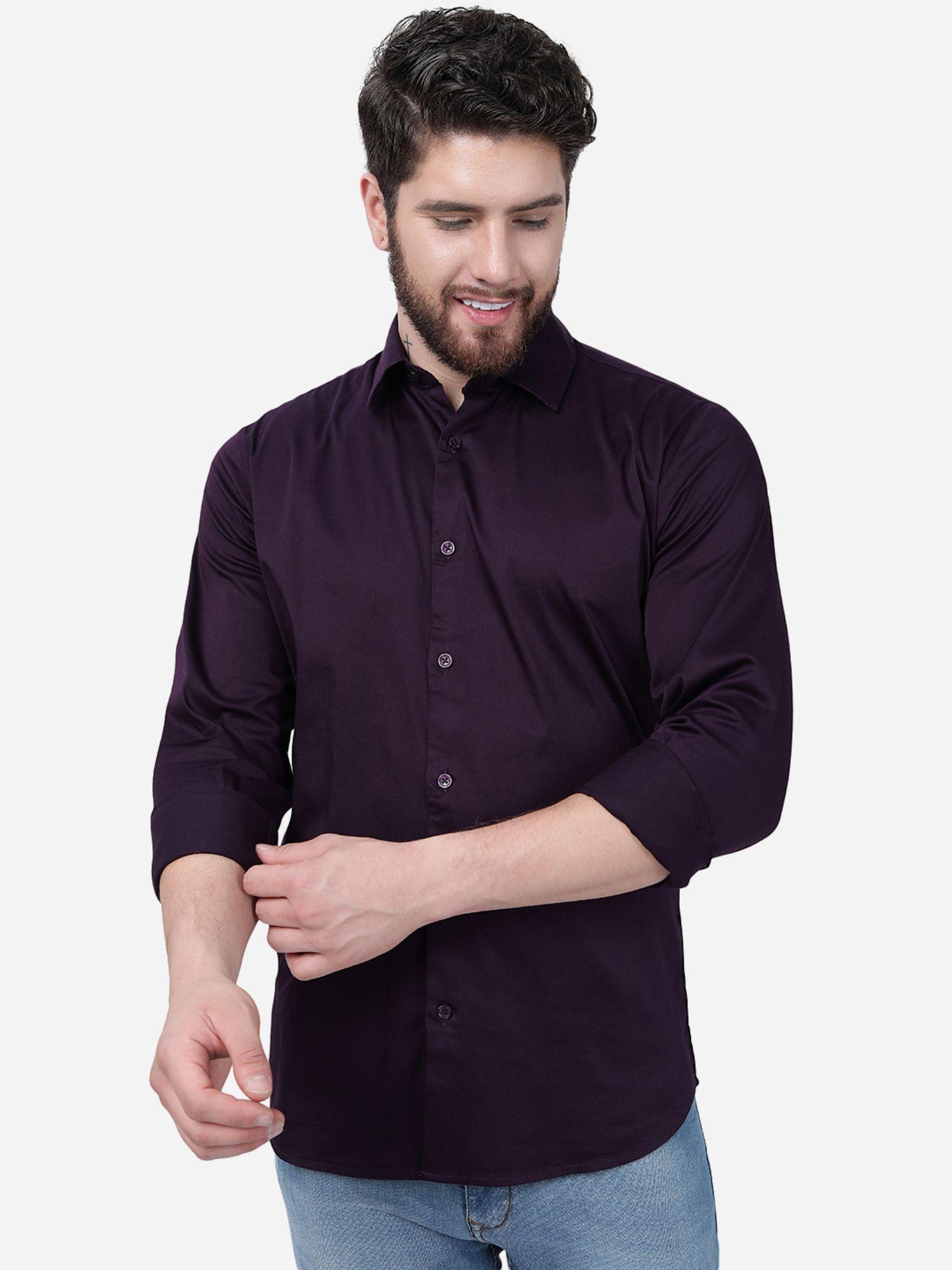 men purple cotton slim fit solid semi casual shirt