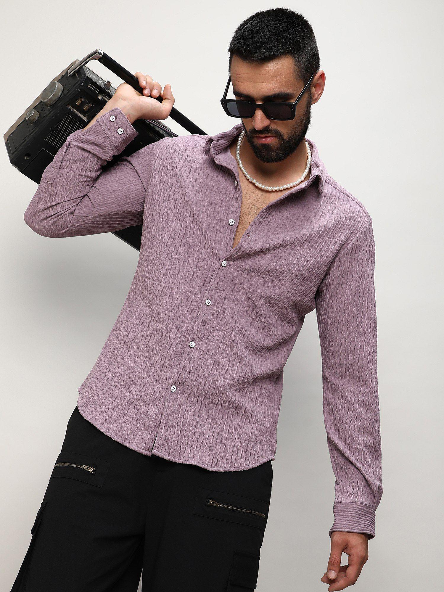 men purple polyester textured casual shirt
