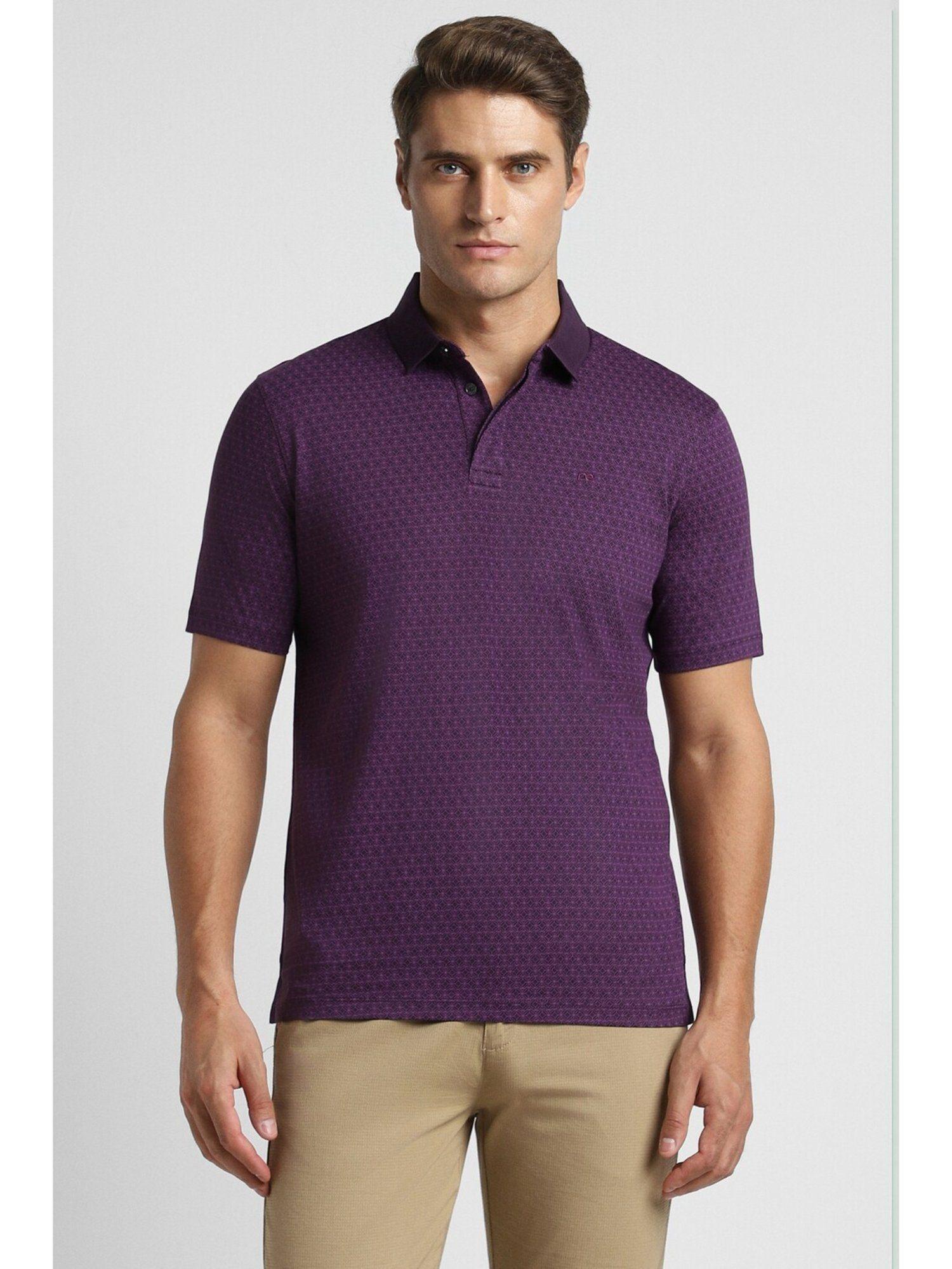 men purple regular fit printed collar neck polo t-shirt