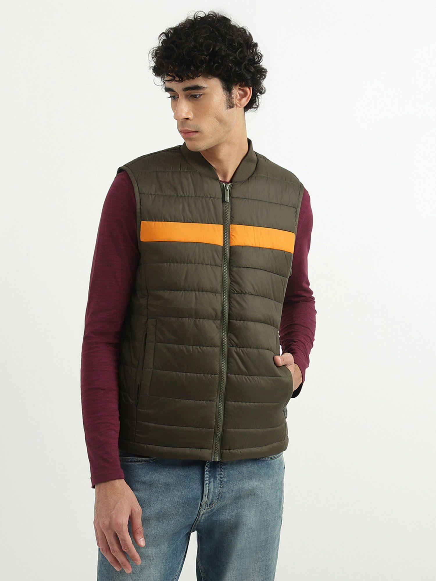 men quilted stand-up collar jacket brown