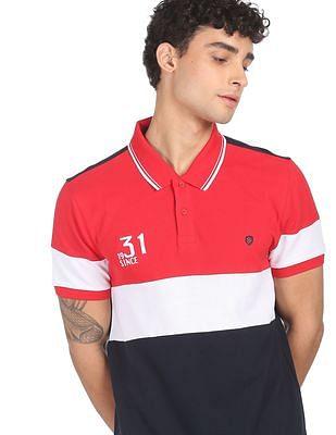 men red cotton panelled colour block polo shirt