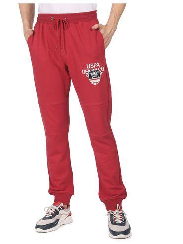men red mid rise drawstring waist solid joggers