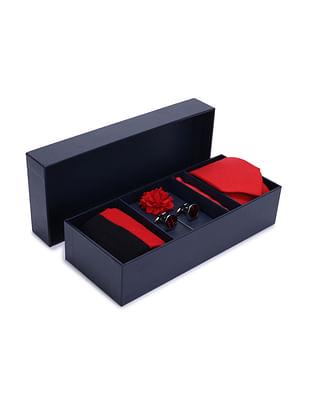 men red solid woven tie, pocket square and cufflinks set