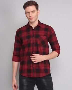 men regular fit checked shirt with patch pockets
