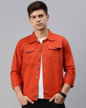 men regular fit denim jacket with flap pockets
