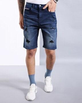 men regular fit flat-front denim shorts