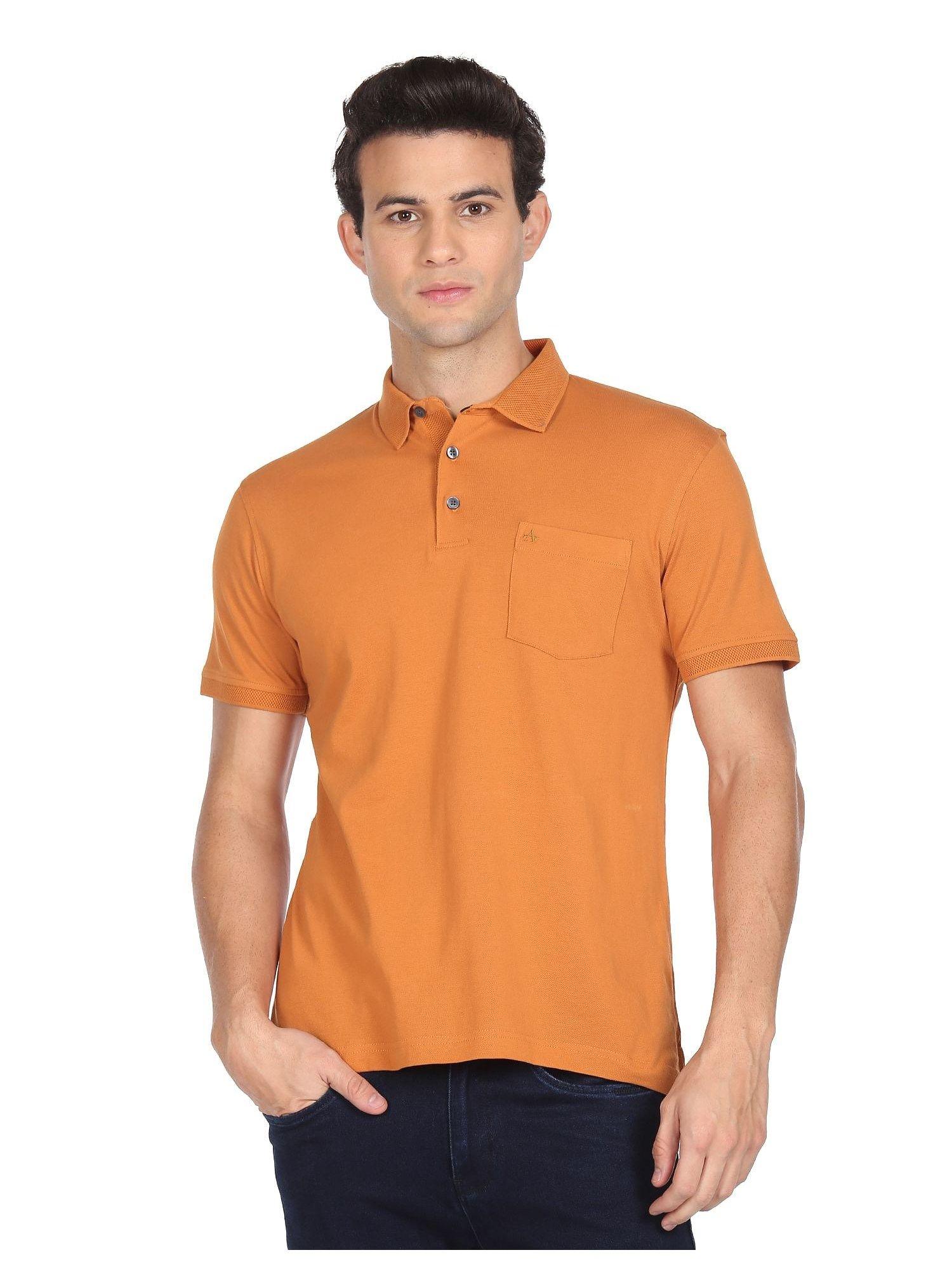 men rust patterned collar patch pocket polo t-shirt
