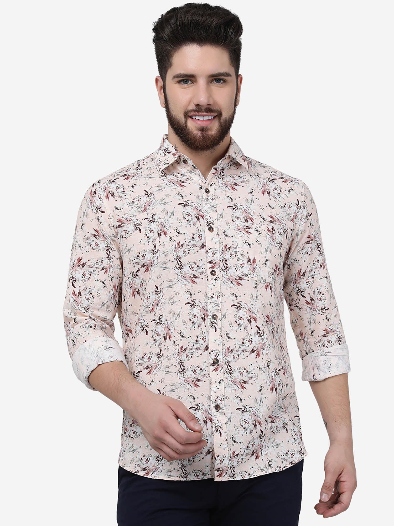 men silan pink cotton slim fit printed semi casual shirt
