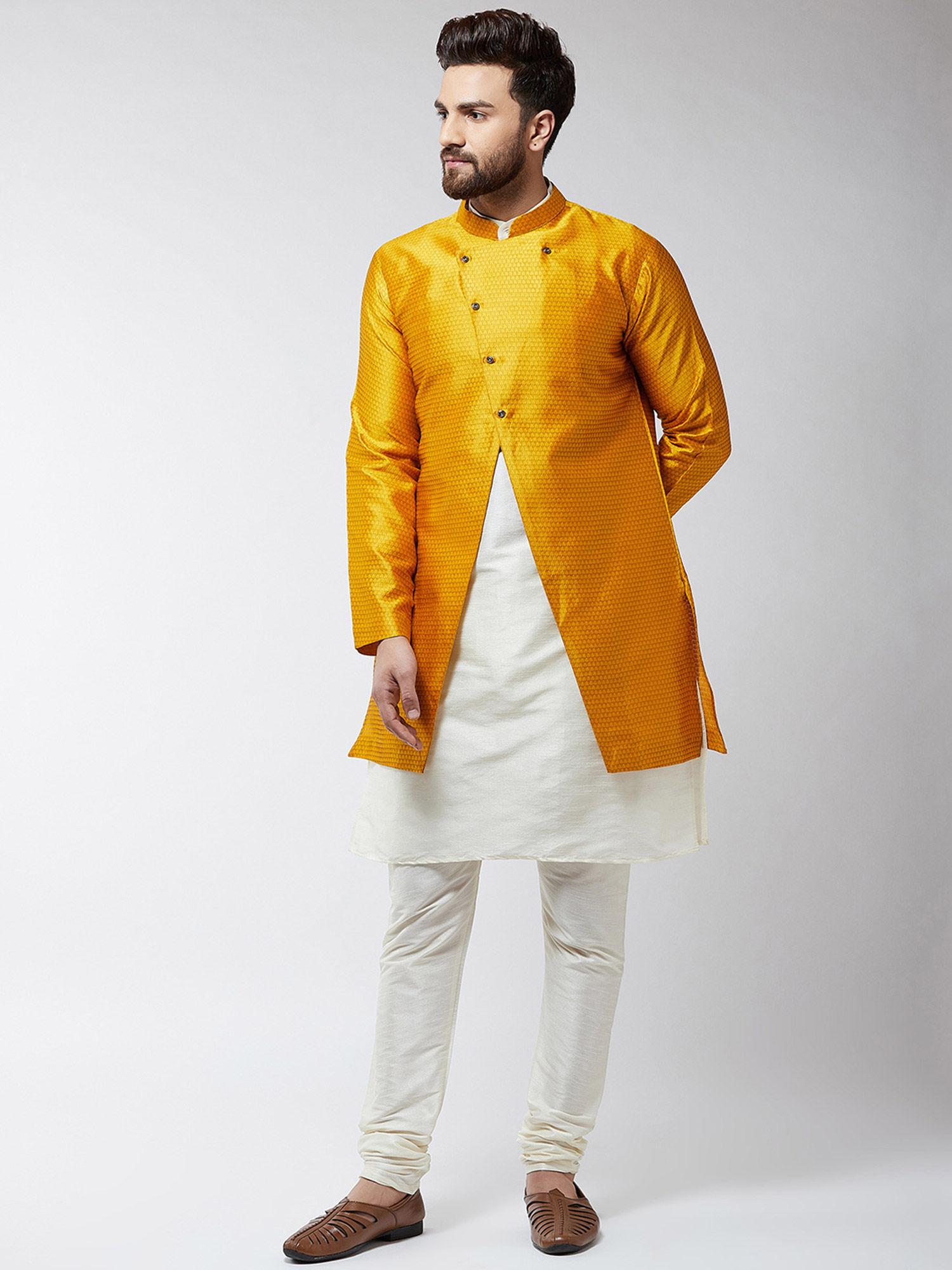 men silk blend cream kurta with churidaar pyjama & mustard sherwani jacket (set of 3)
