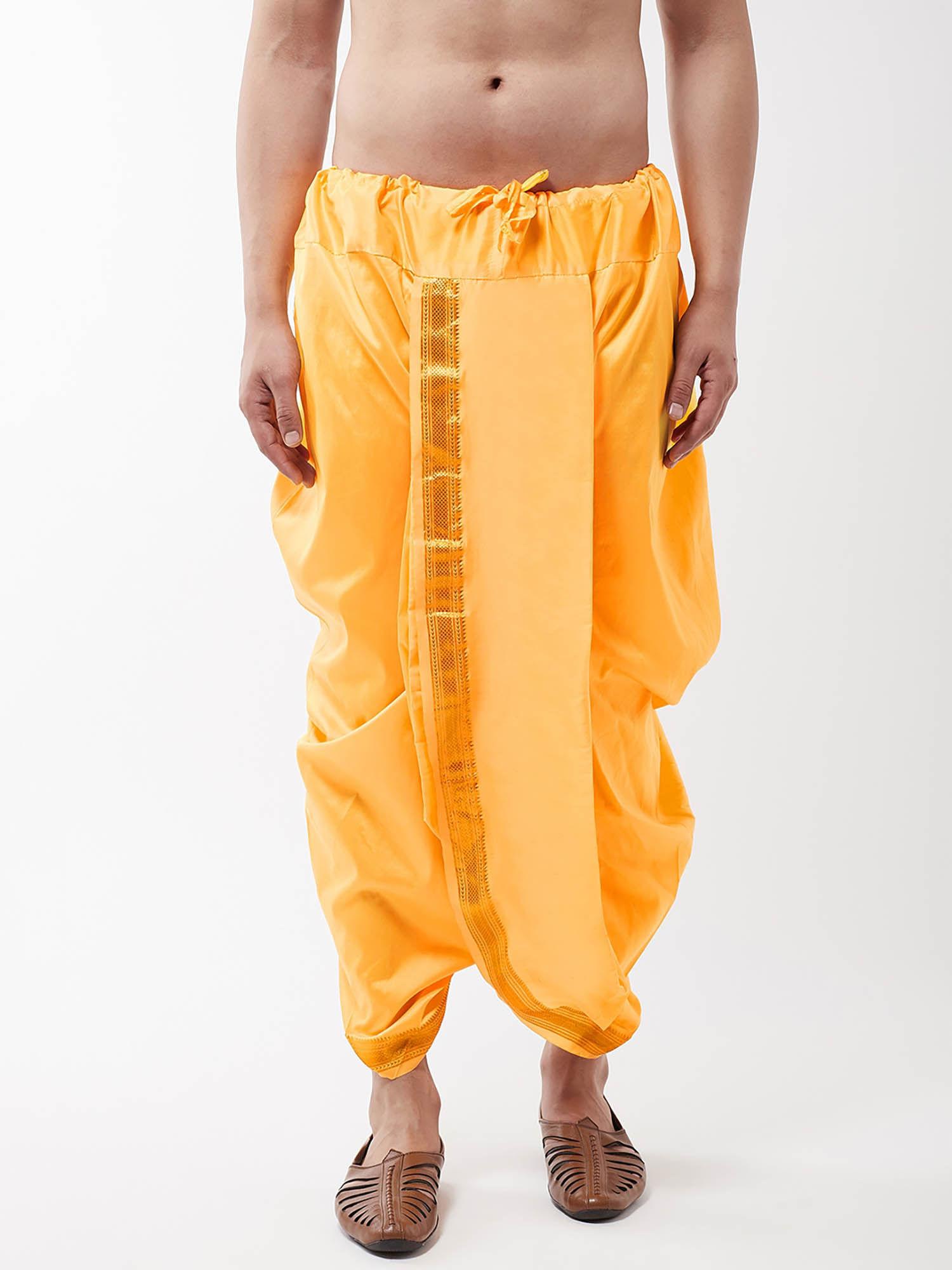 men silk blend dark yellow stitched dhoti
