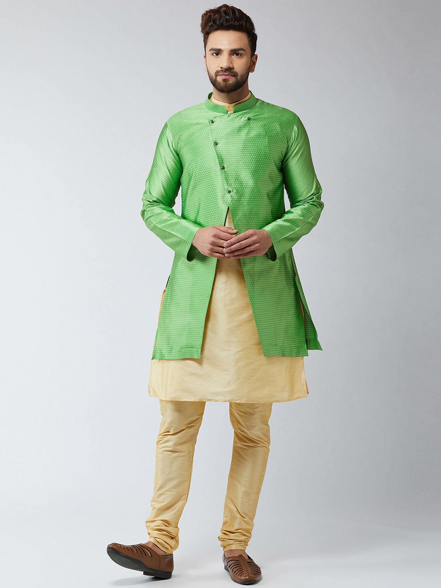 men silk blend gold & green self design sherwani and kurta with churidar (set of 3)