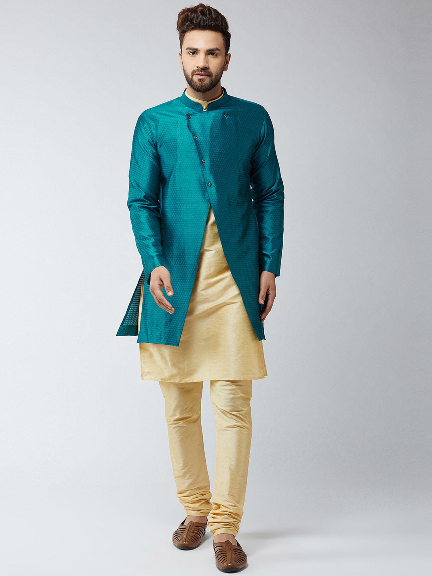 men silk blend gold kurta with churidaar pyjama & peacock sherwani jacket (set of 3)