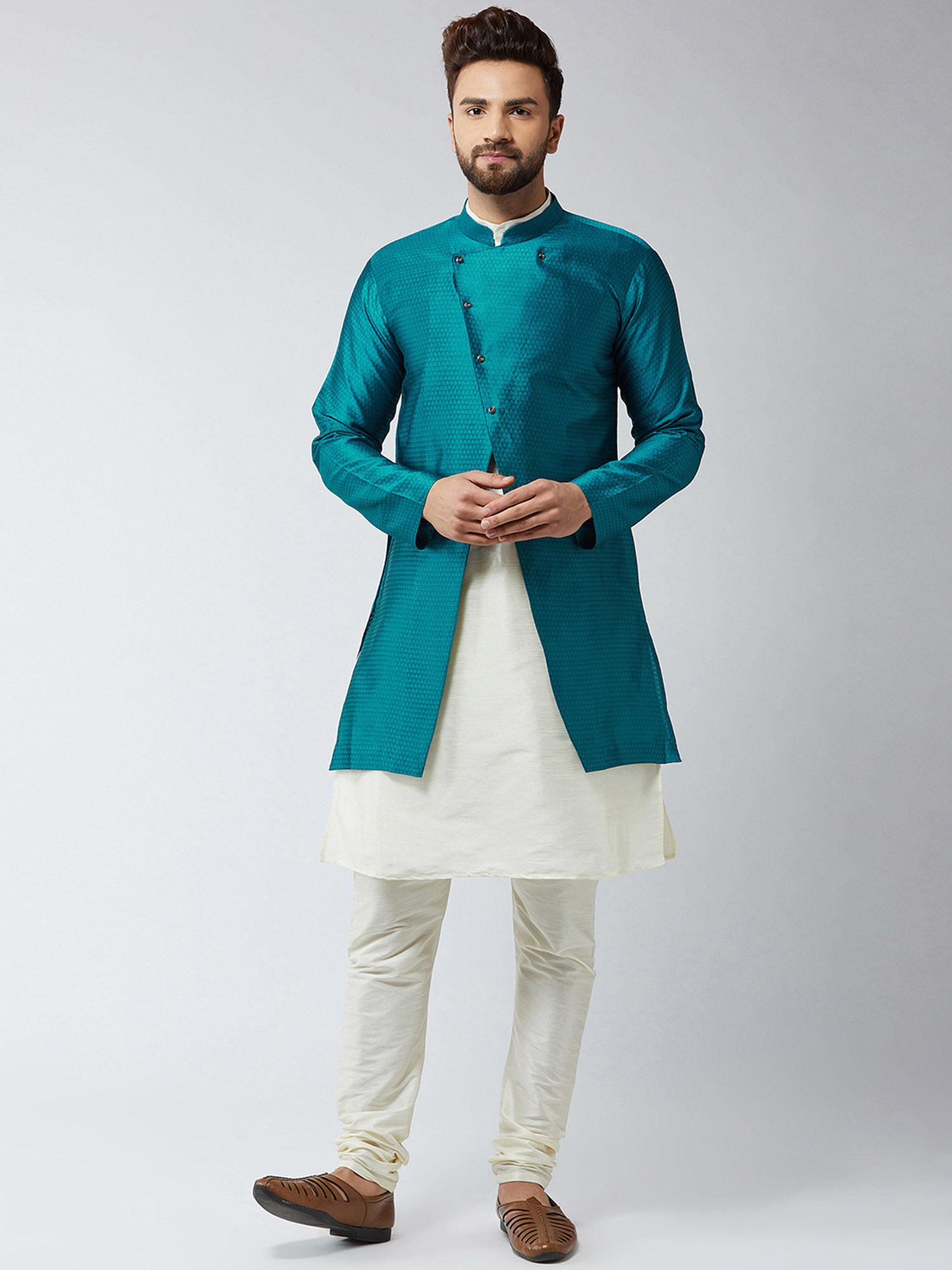 men silk blend off white self design sherwani and kurta with churidar (set of 3)
