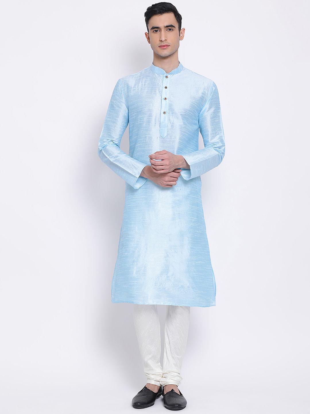 men sky blue and off white color silk blend kurta and pyjama (set of 2)