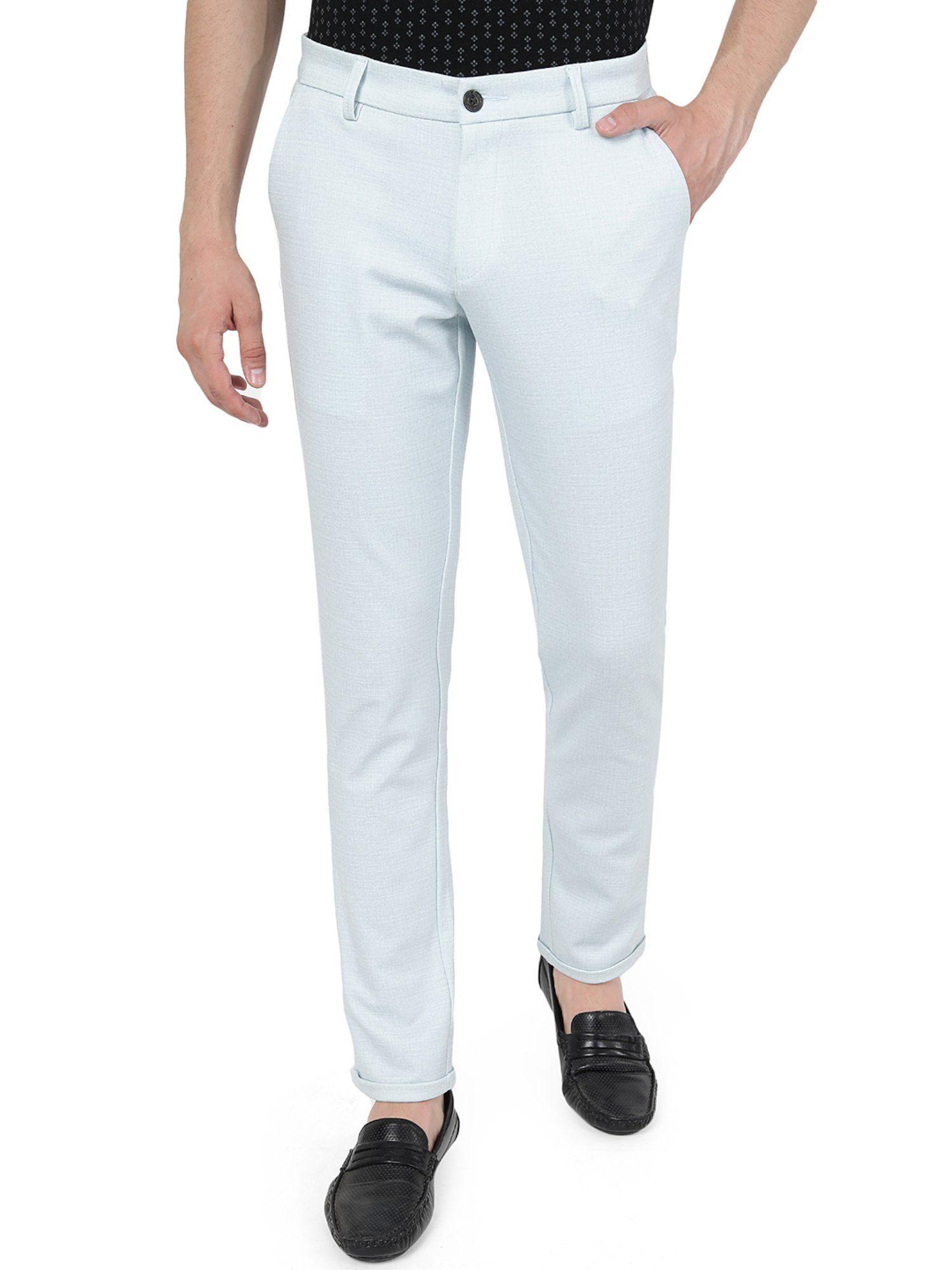 men sky blue cotton venice fit textured casual trouser