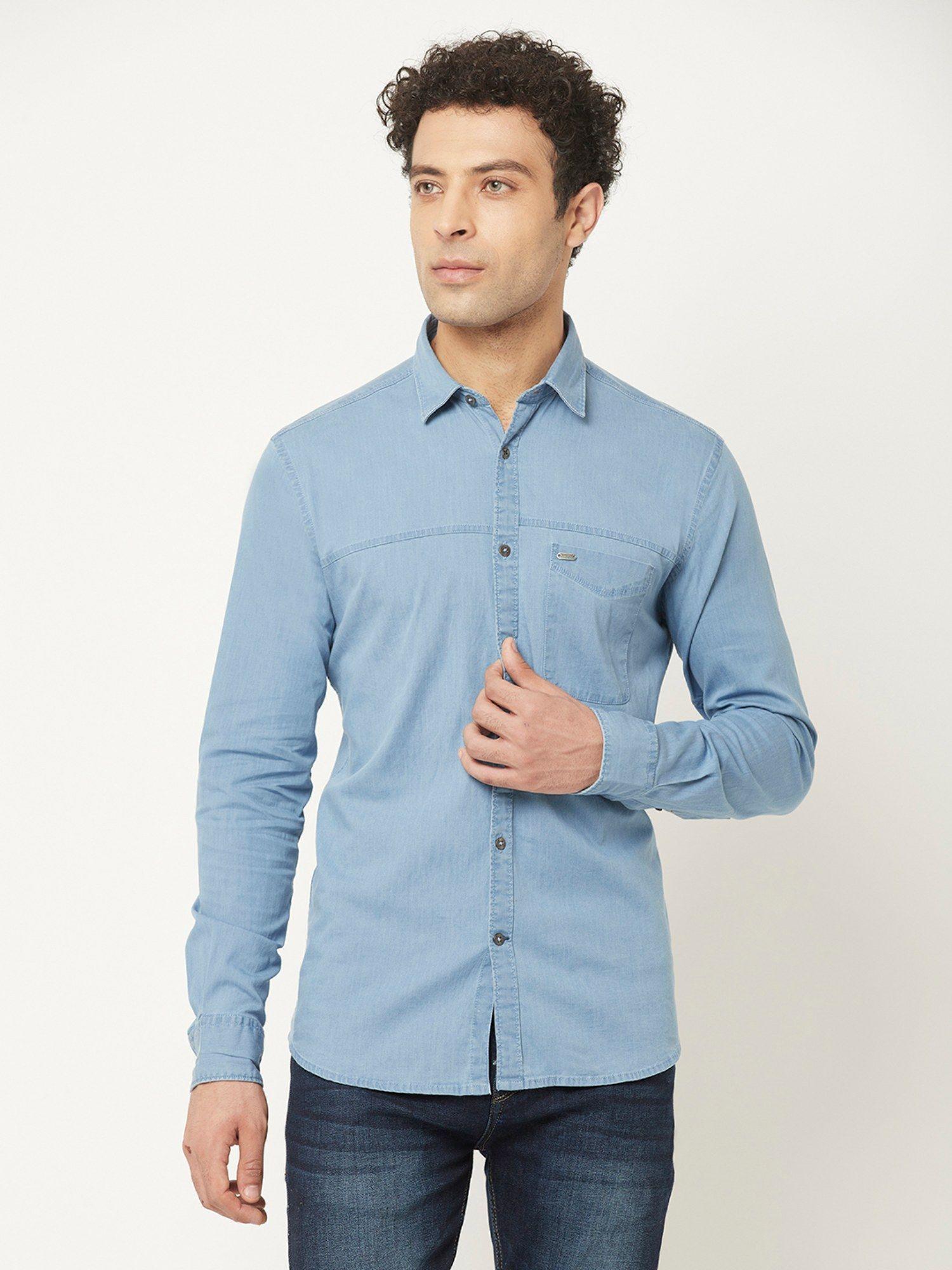 men sky blue denim shirt with patch pocket