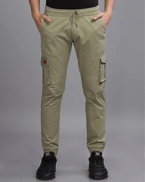 men slim fit cargo pants with elasticated drawstring waist