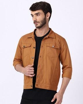 men slim fit denim jacket with flap-buttoned pockets