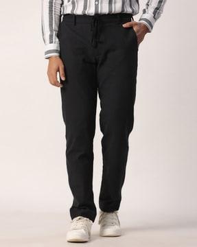 men slim fit flat-front pants with elasticated waist