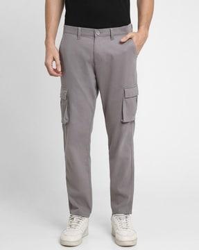 men slim fit flat-front trousers with flap pockets