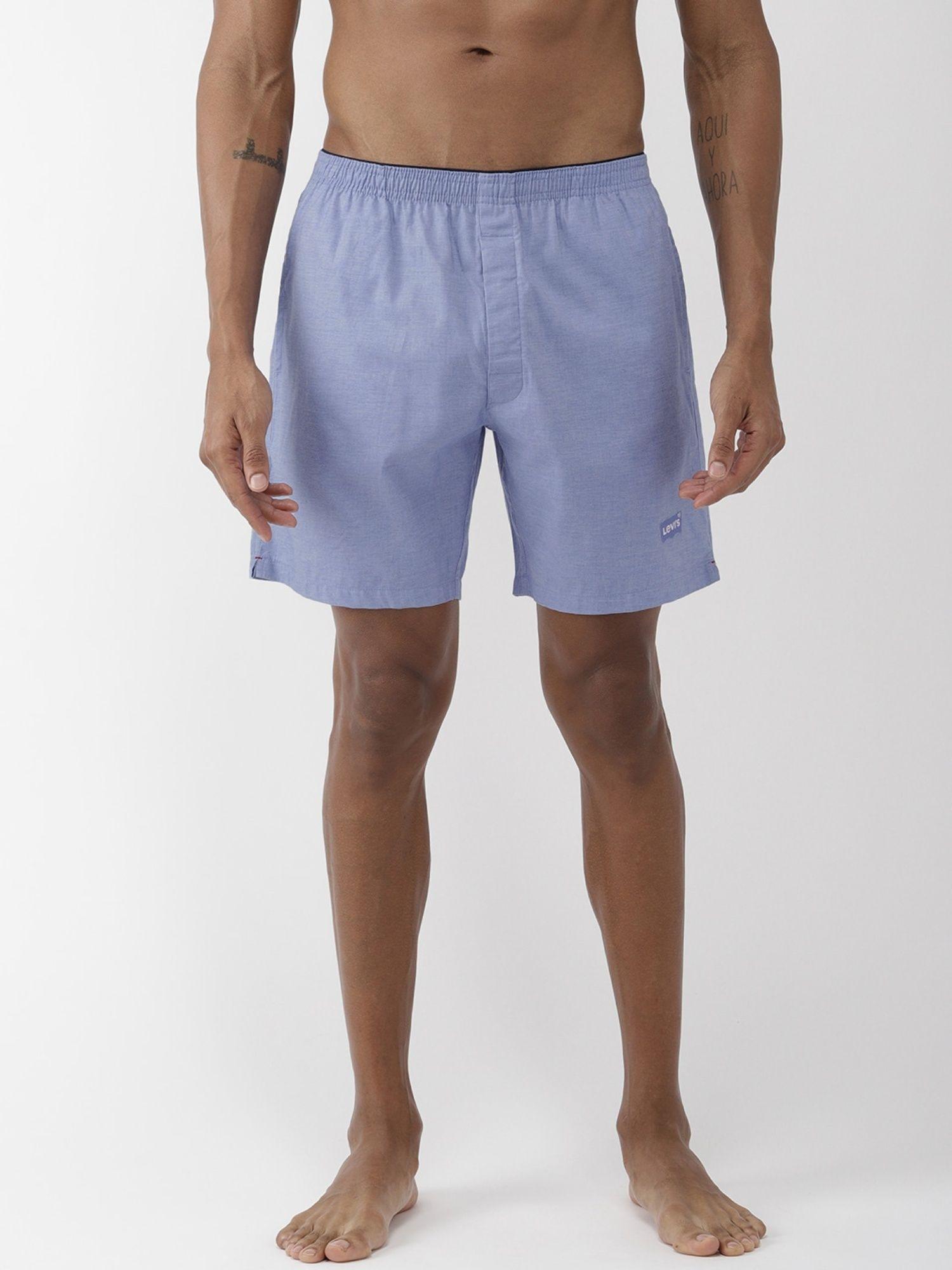 men soft cotton 300 ls solid plain woven boxer shorts with pockets blue