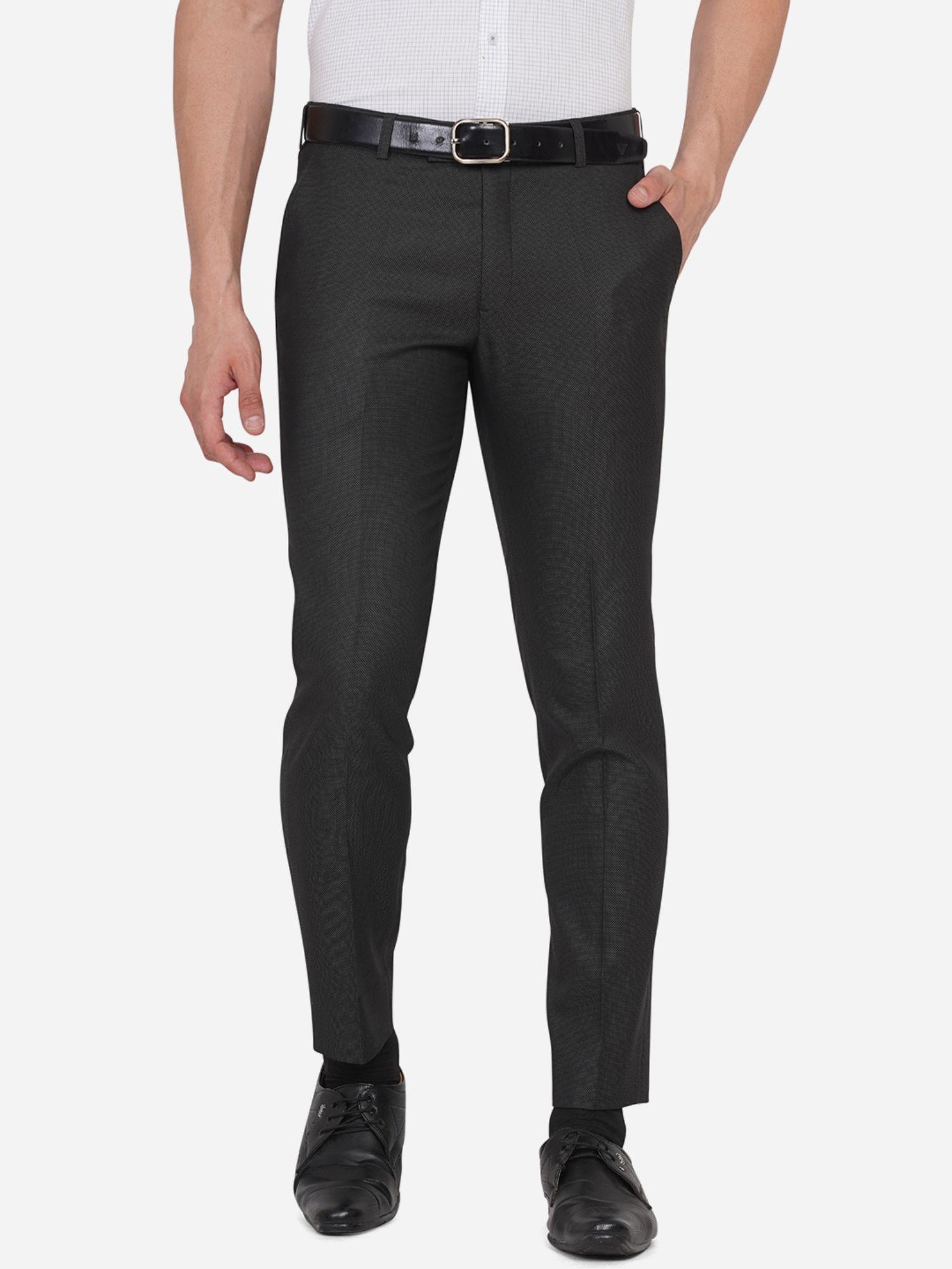 men solid black poly viscose super slim fit formal trouser