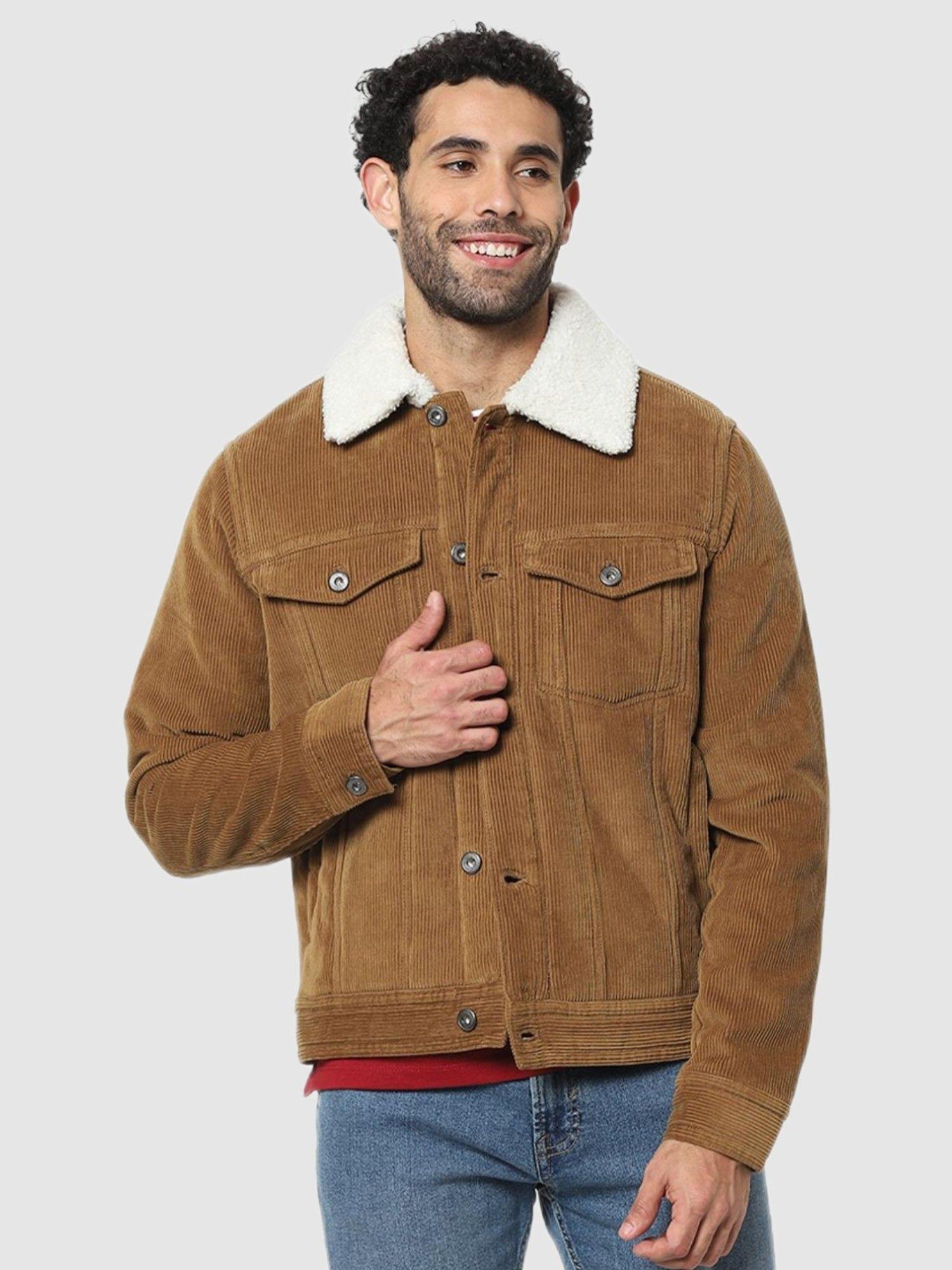 men solid brown cotton regular jacket