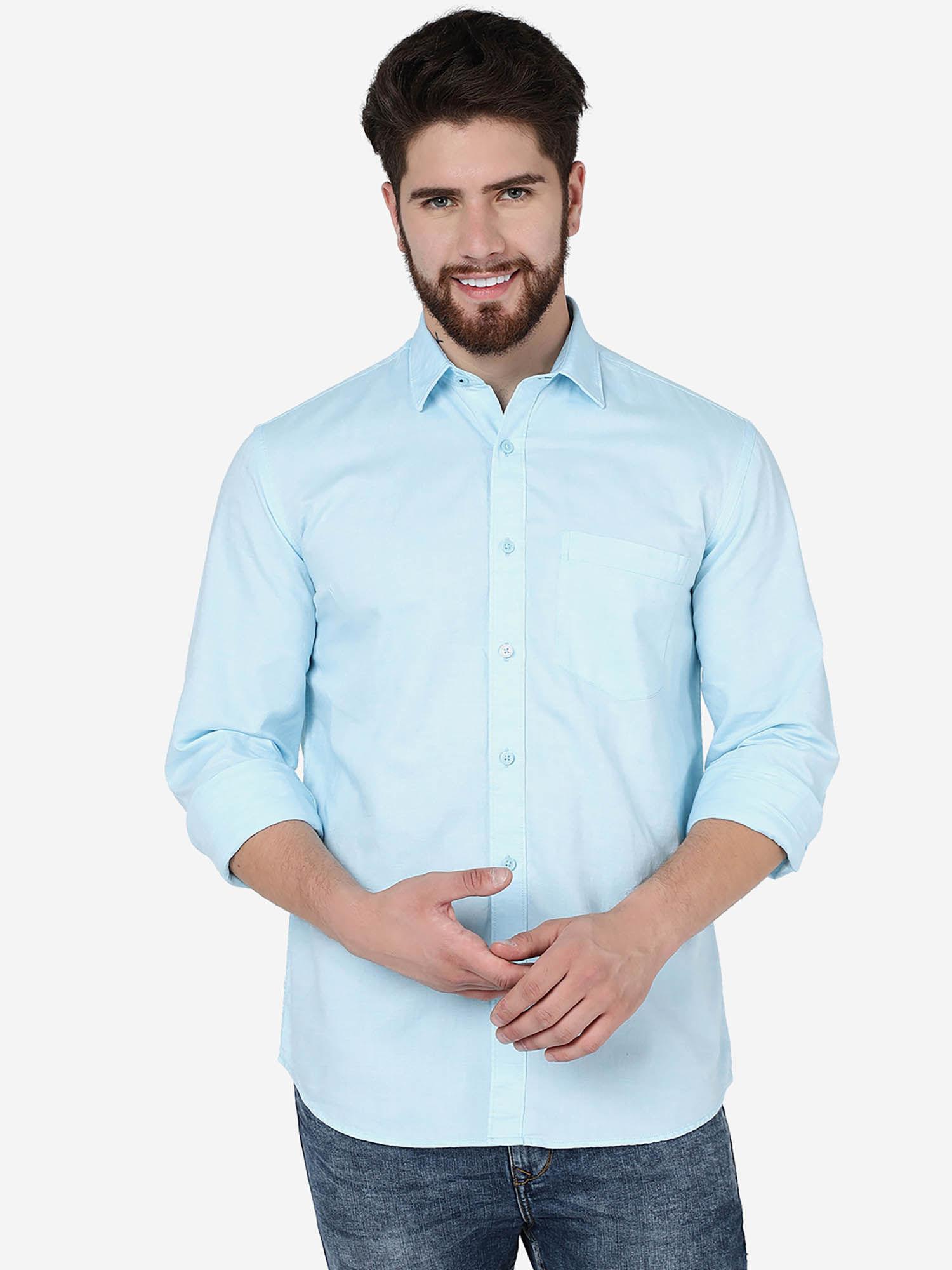 men solid capri blue cotton slim fit semi casual shirt