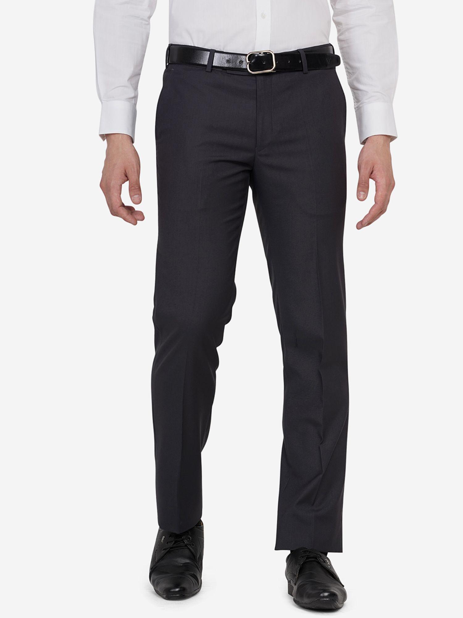 men solid dark grey poly viscose slim fit formal trouser