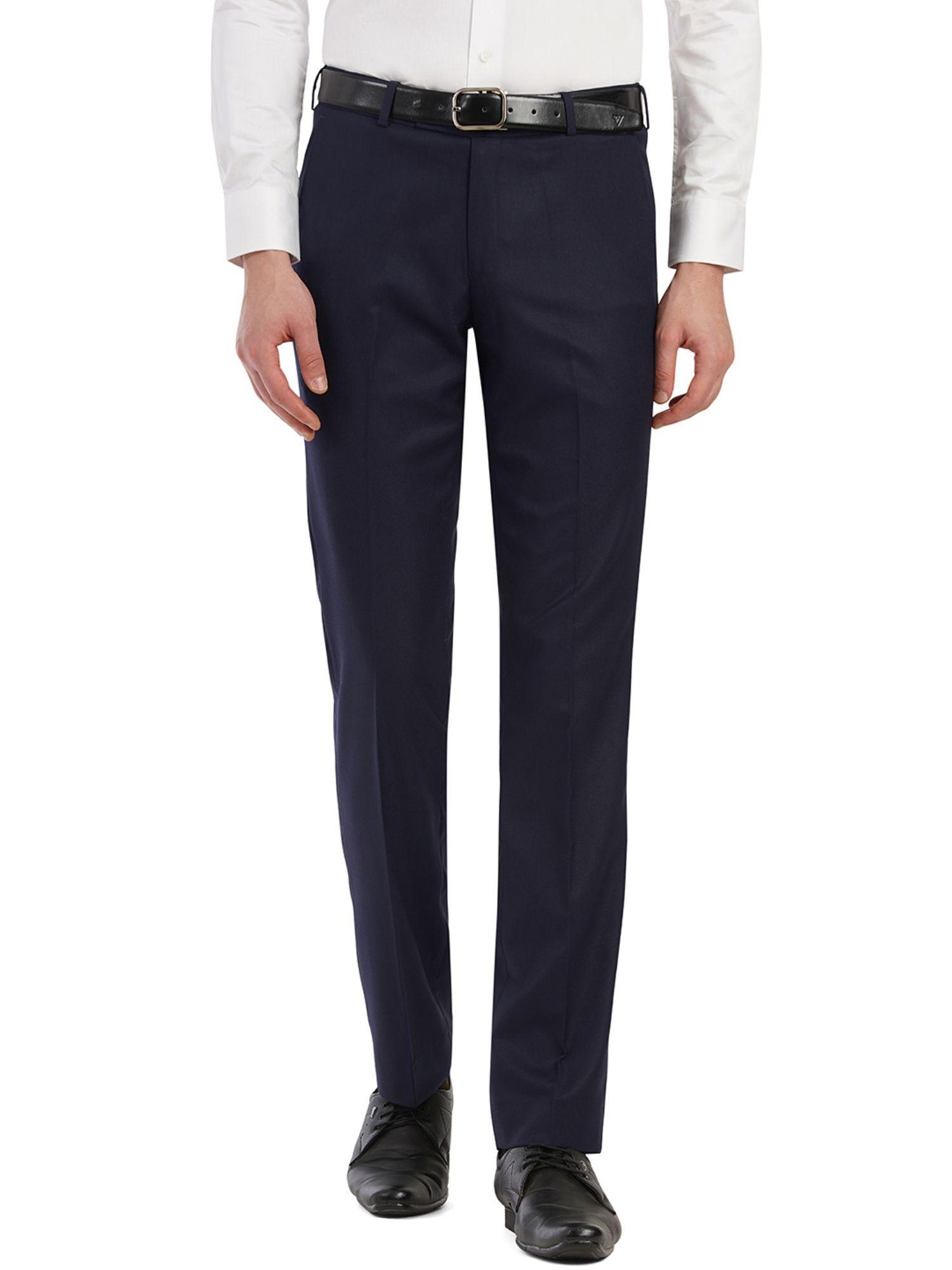 men solid navy blue poly viscose slim fit formal trouser