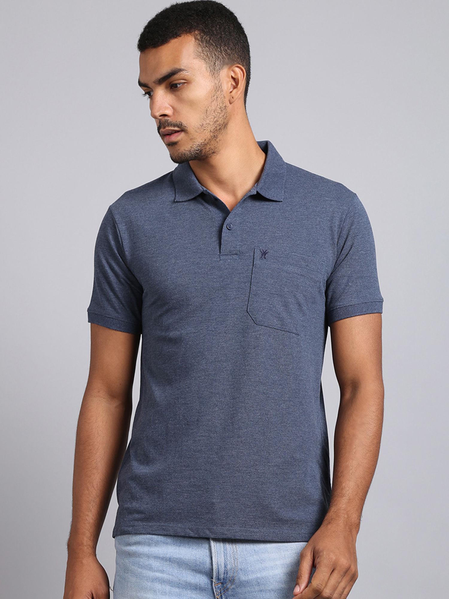 men solid polo neck indigo cotton t-shirt with pocket