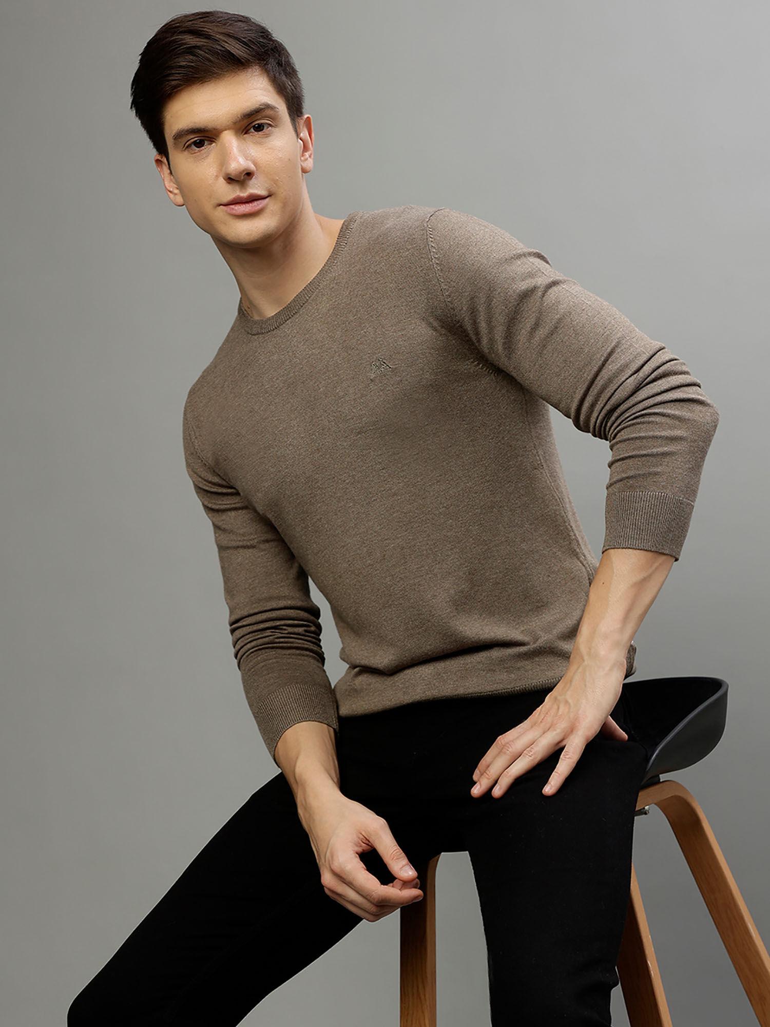 men solid round neck full sleeves sweater