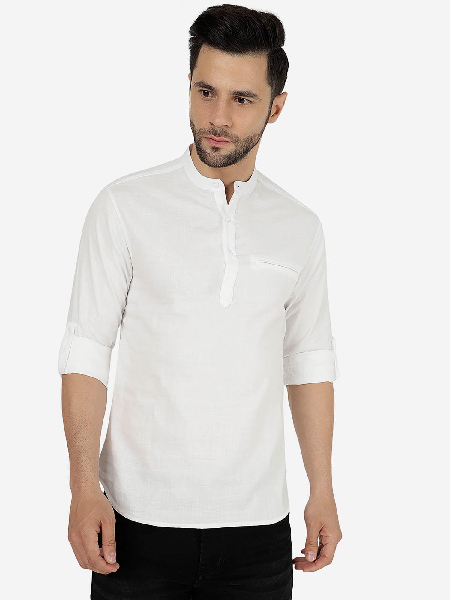 men solid white pure cotton slim fit semi-casual shirt with mandarin collar