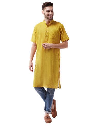 men solid yellow pure cotton kurta
