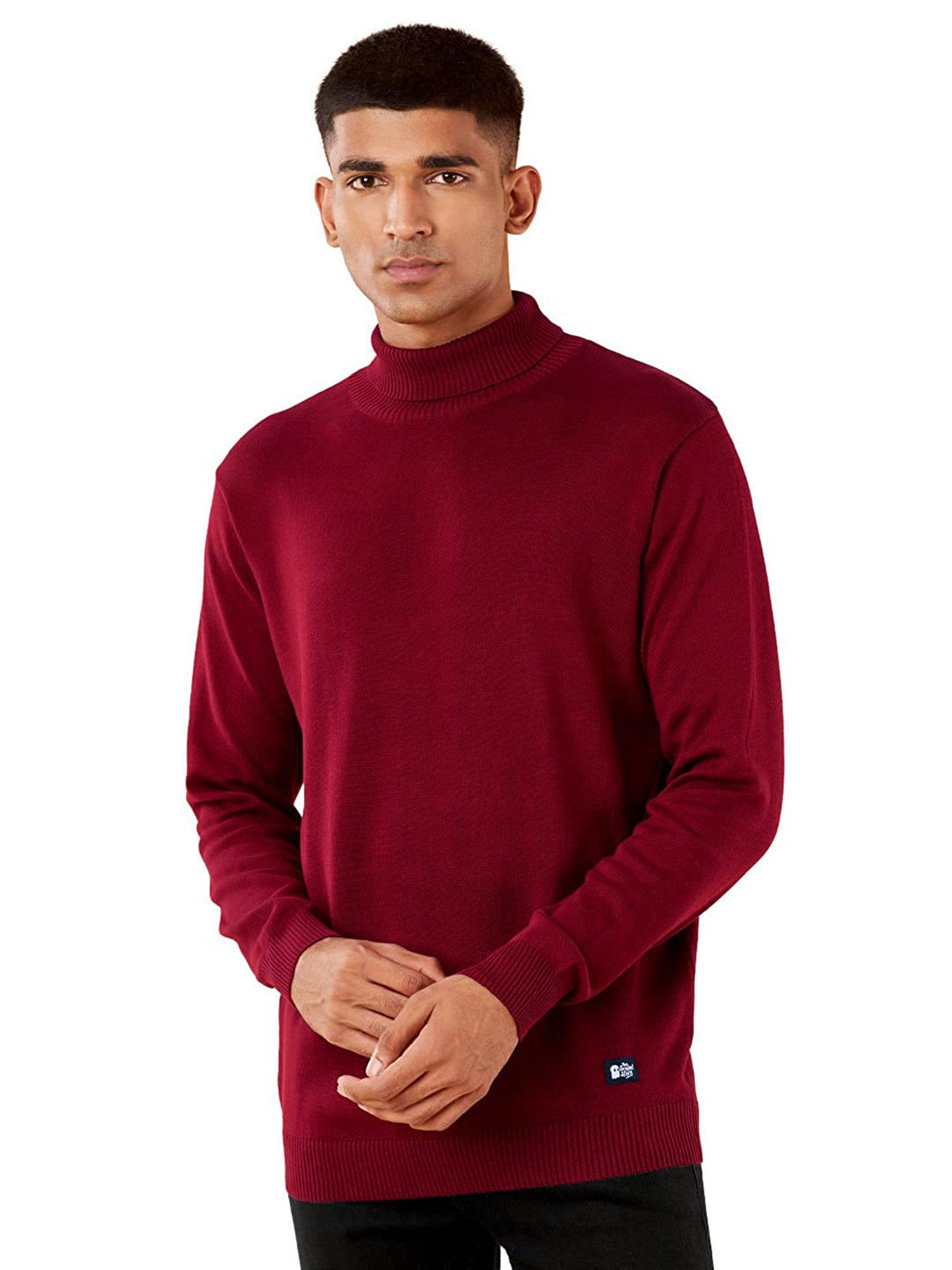 men solids pomegranate turtle neck maroon knitted sweaters